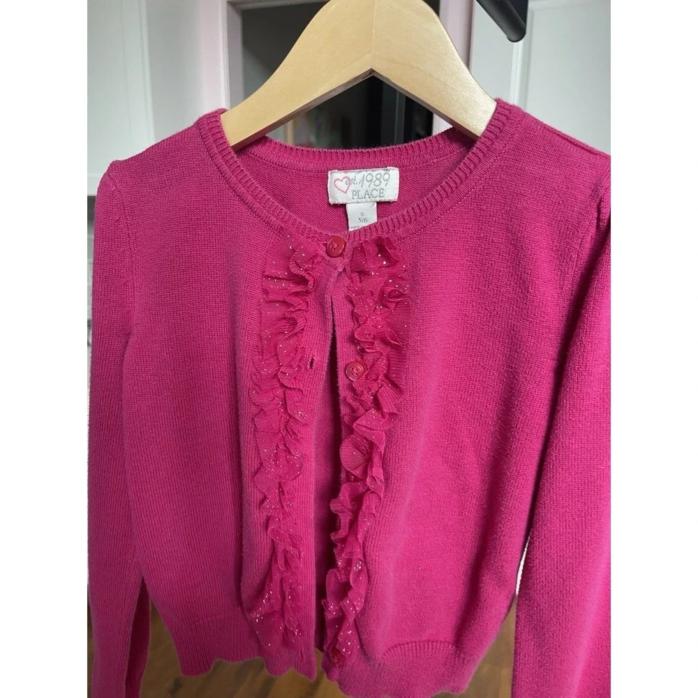 The Children's Place Girls Pink Cardigan Sweater S 5/6 Ruffle Glitter